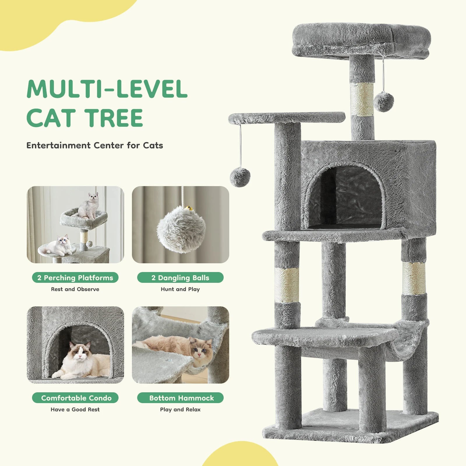 44-Inch Tall Multi-Cat Climbing Tower with Sisal Posts & Stable Pet House