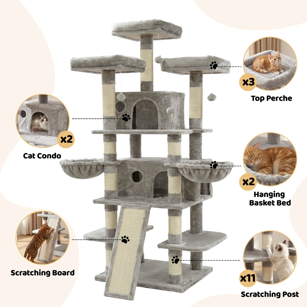 173cm Multi-Level Cat Tree Tower — 2 Condos, 3 Perches & Scratching Post