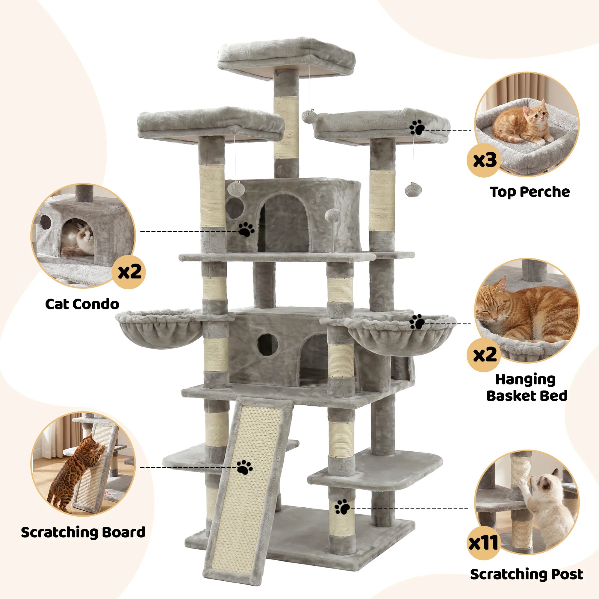 173cm Multi-Level Cat Tree Tower — 2 Condos, 3 Perches & Scratching Post
