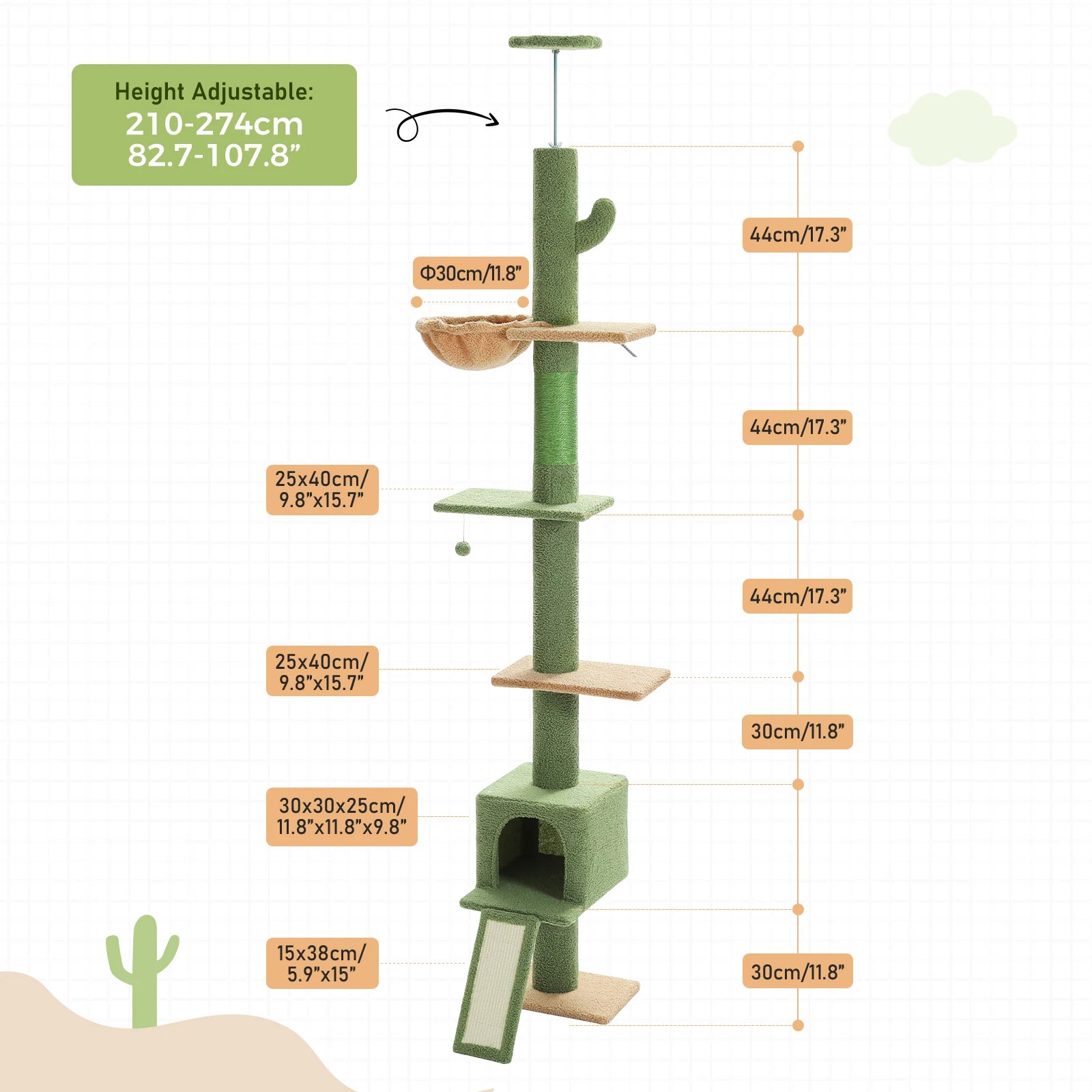 Cactus Cat Tree Tower — Floor-to-Ceiling with Sisal Scratching Post & Hammock