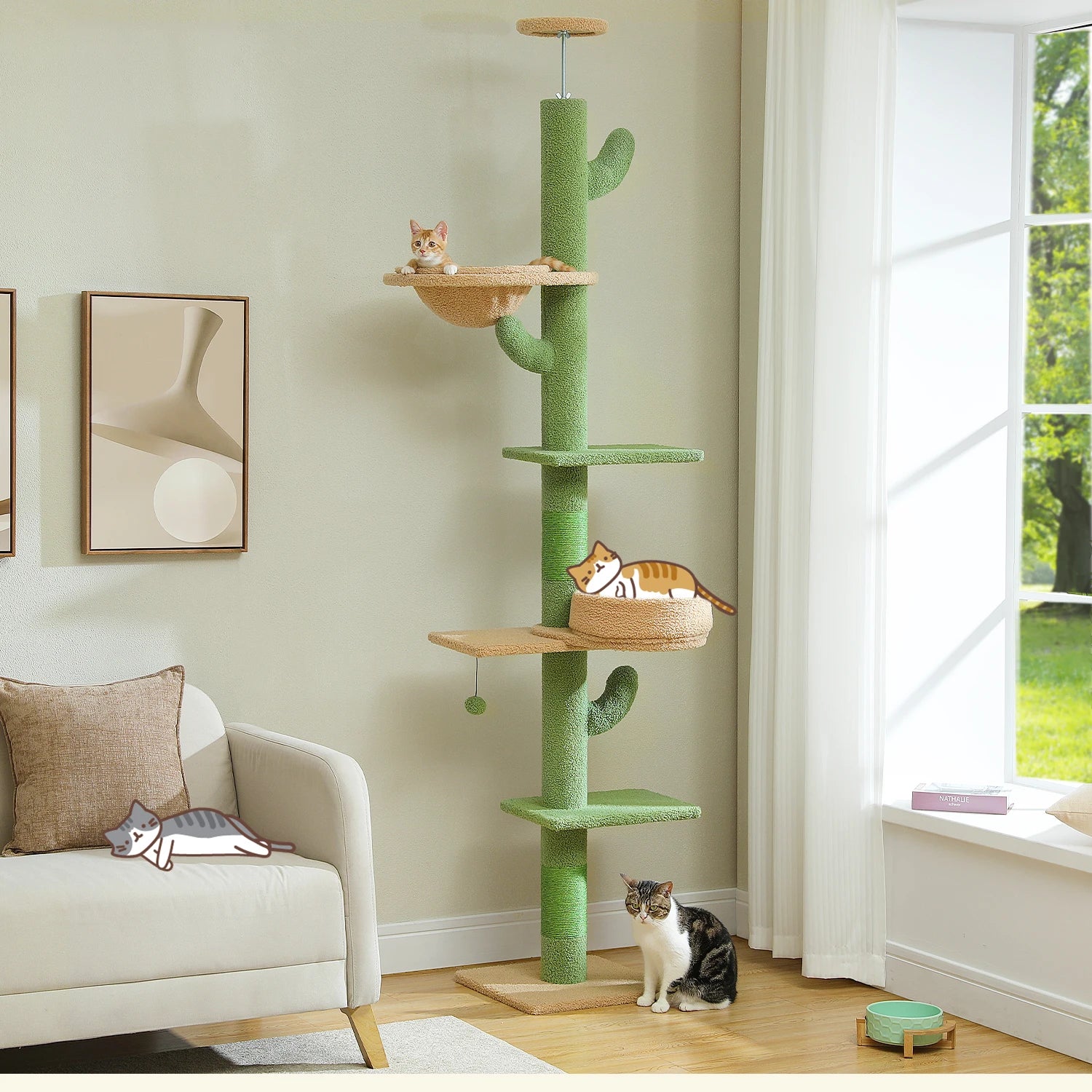 Cactus Cat Tree Tower — Floor-to-Ceiling with Sisal Scratching Post & Hammock