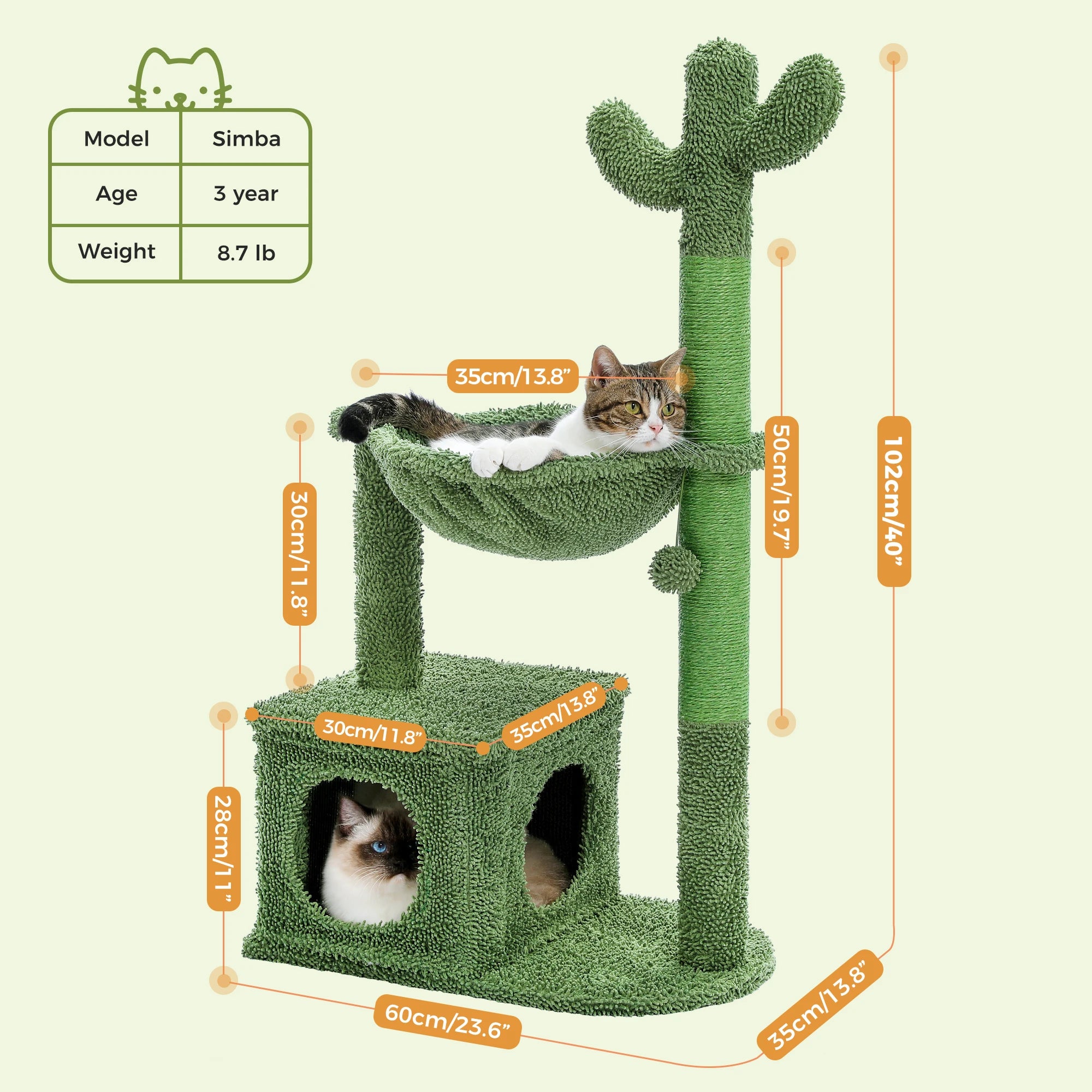 Cactus Cat Tree with Condo, Hammock, Dangling Ball & Sisal Scratching Post