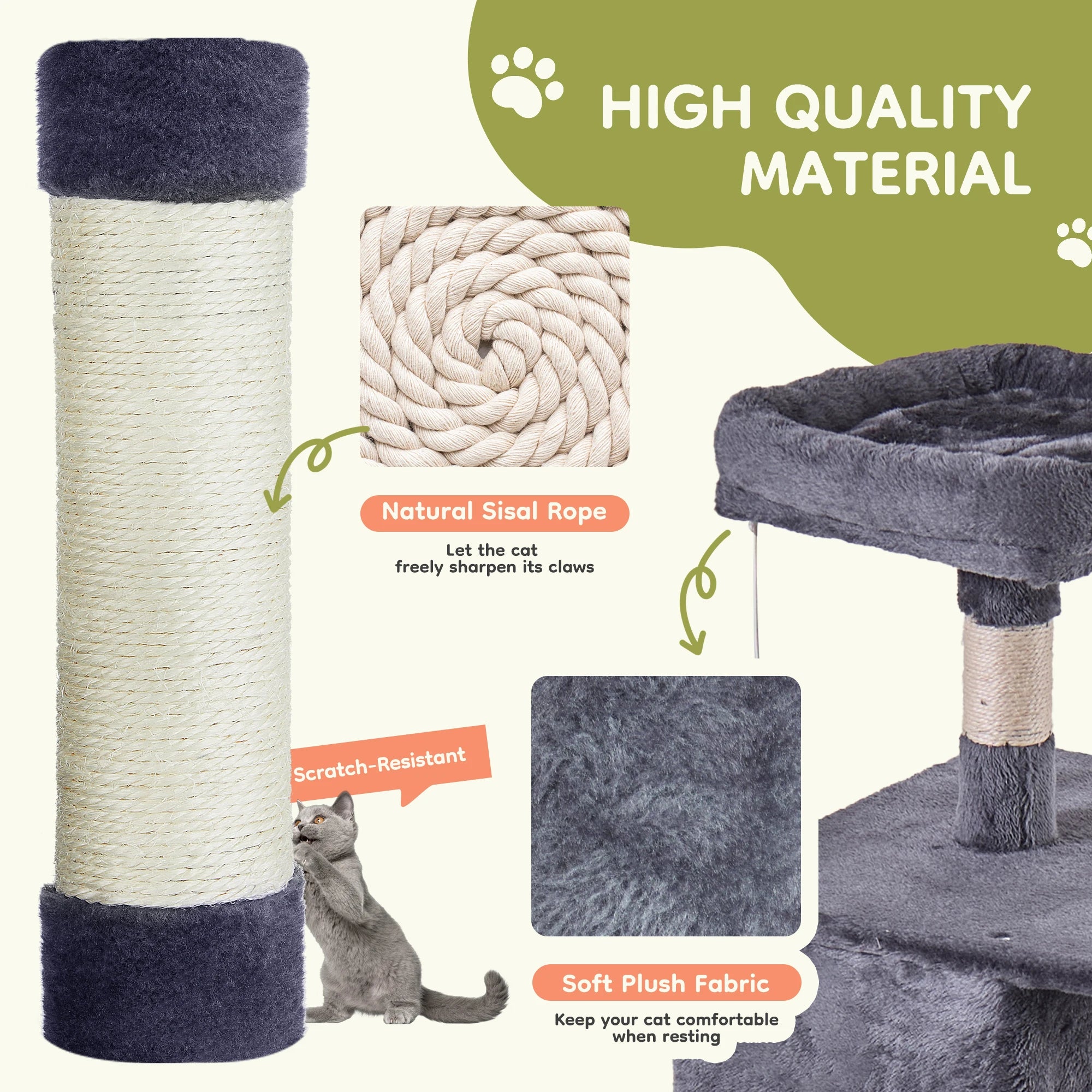 66-Inch Large Multi-Level Cat Climbing Tower with Condo & Sisal Scratching Posts