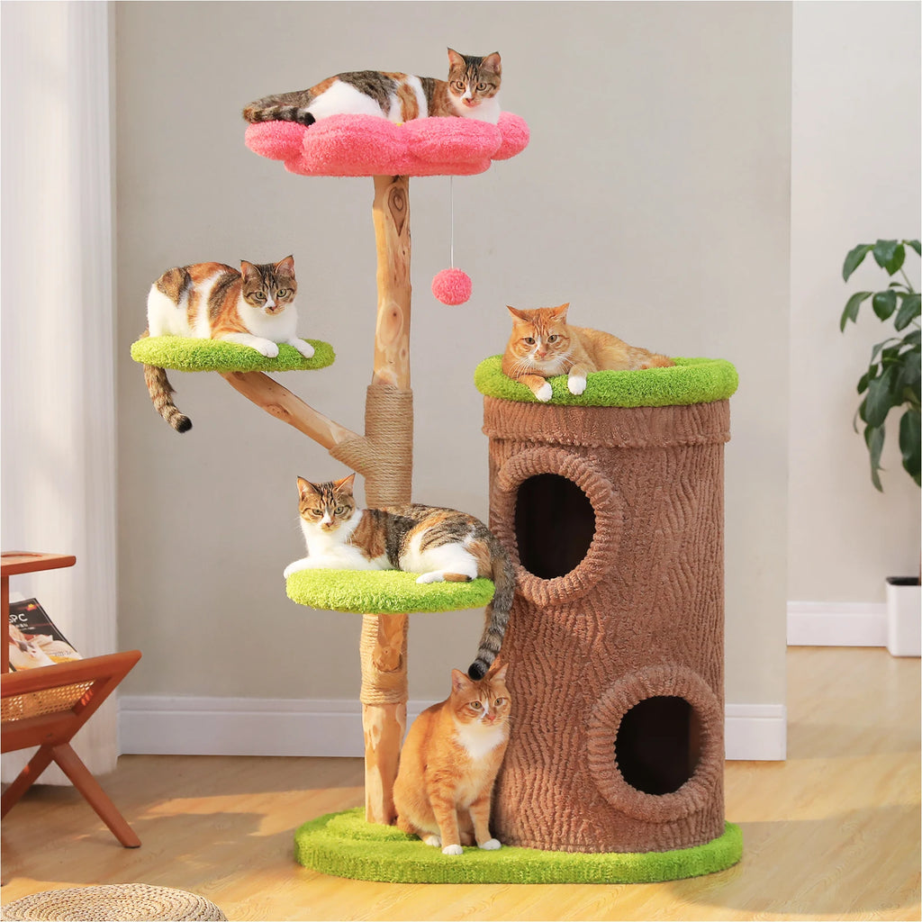 Tall Cat Tower with 4 Spacious Condos, Thick Sisal Post & Flower Top Bed