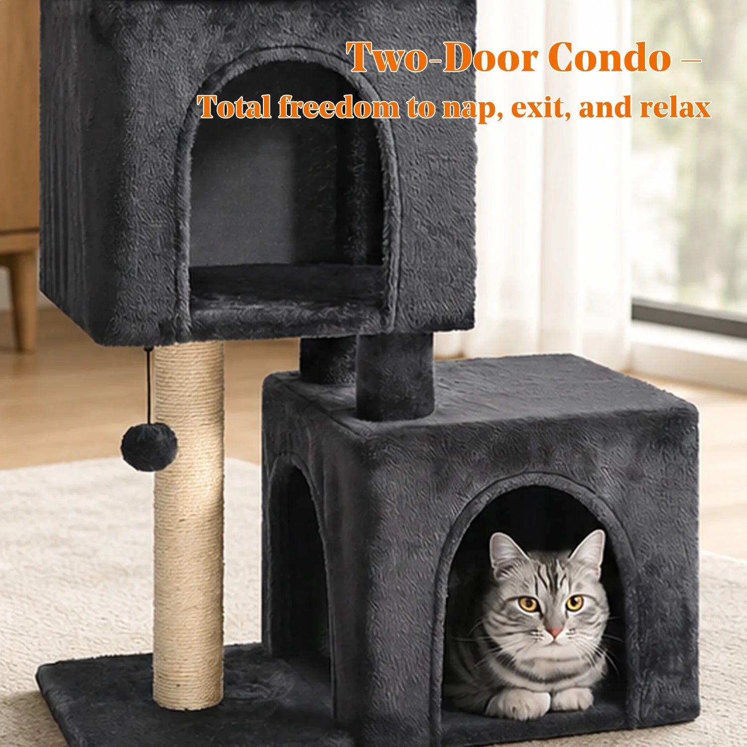 30-Inch Cat Tower with 2 Condos, Sisal Post, Top Perch & Hanging Pompom