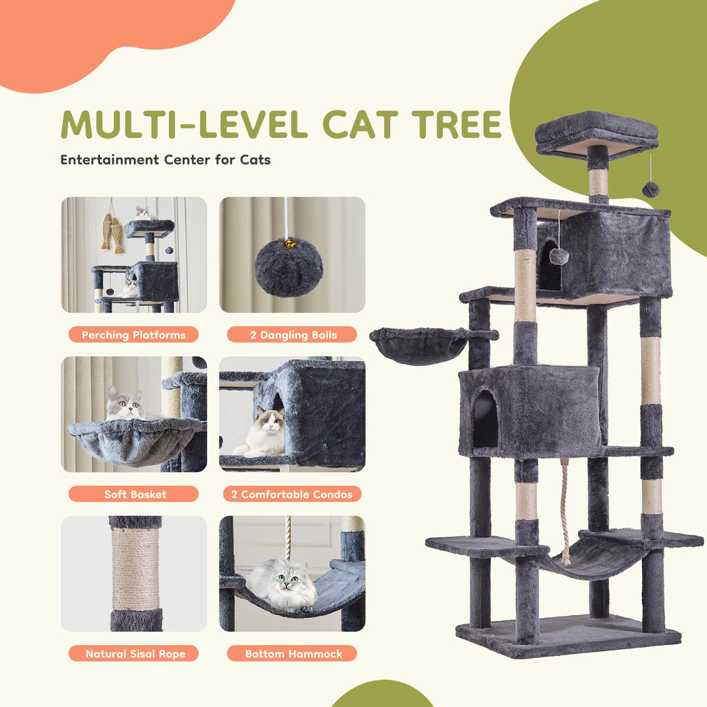 66-Inch Large Multi-Level Cat Climbing Tower with Condo & Sisal Scratching Posts