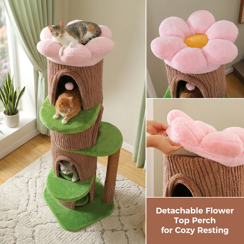 Tall Cat Tower with 4 Spacious Condos, Thick Sisal Post & Flower Top Bed