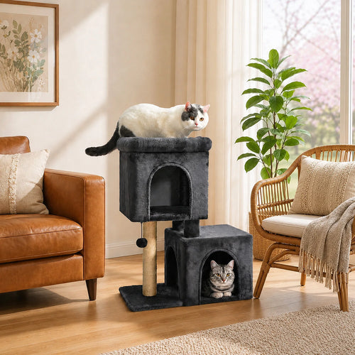 30-Inch Cat Tower with 2 Condos, Sisal Post, Top Perch & Hanging Pompom