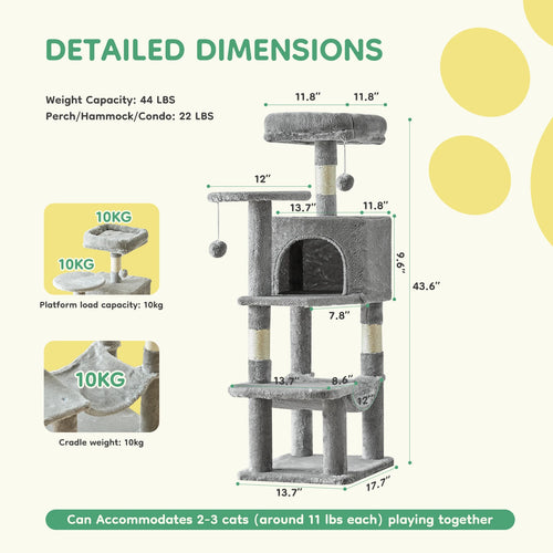 44-Inch Tall Multi-Cat Climbing Tower with Sisal Posts & Stable Pet House