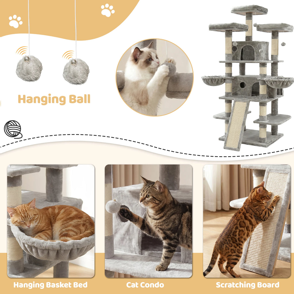 173cm Multi-Level Cat Tree Tower — 2 Condos, 3 Perches & Scratching Post