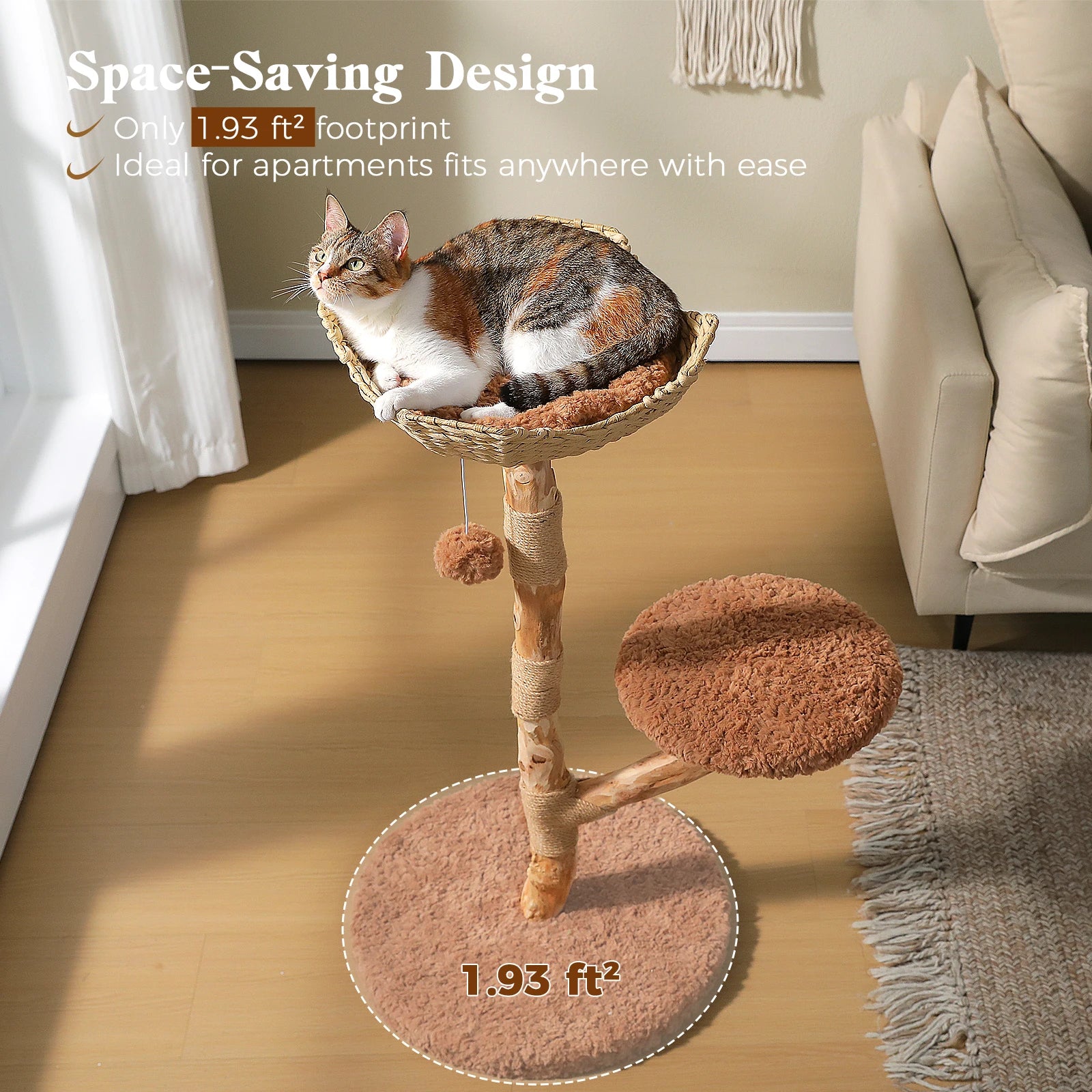 Luxury Boho Cat Tree with Wicker Basket, Real Wood Branches & Sisal Posts
